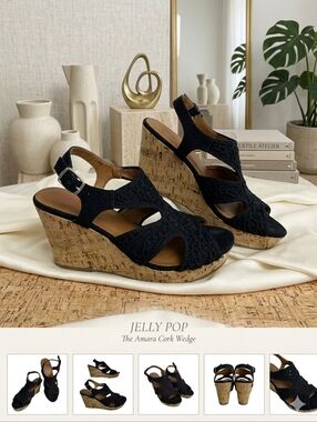 Jellypop Amara Black Crochet Cork Wedge Sandals Women's Size 9